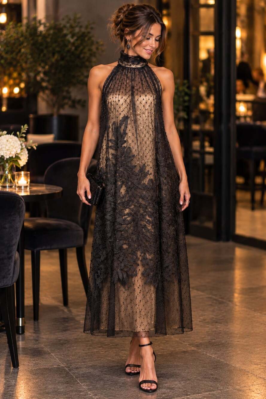 Alex Marie Halter Dress Size 4P Black Dot Mesh Overlay Maxi